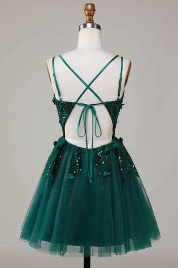 Stylish A Line Spaghetti Straps Dark Green Short Graduation Dress with Appliques Beading